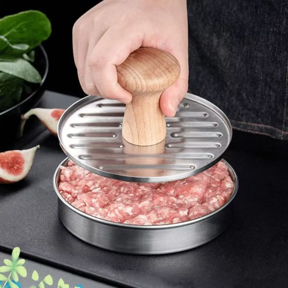 Stainless Steel Hamburger Press Silver Wooden Color Non-Stick Patty Maker Wood Handle Simple Operation Meat Press Mold