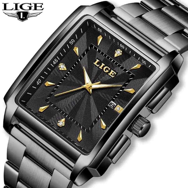 LIGE 캐주얼 디자인 남성용 쿼츠 시계 패션 스테인레스 스틸 남성용 손목 시계 비즈니스 스퀘어 남성 시계 + 박스 미국에서 배송