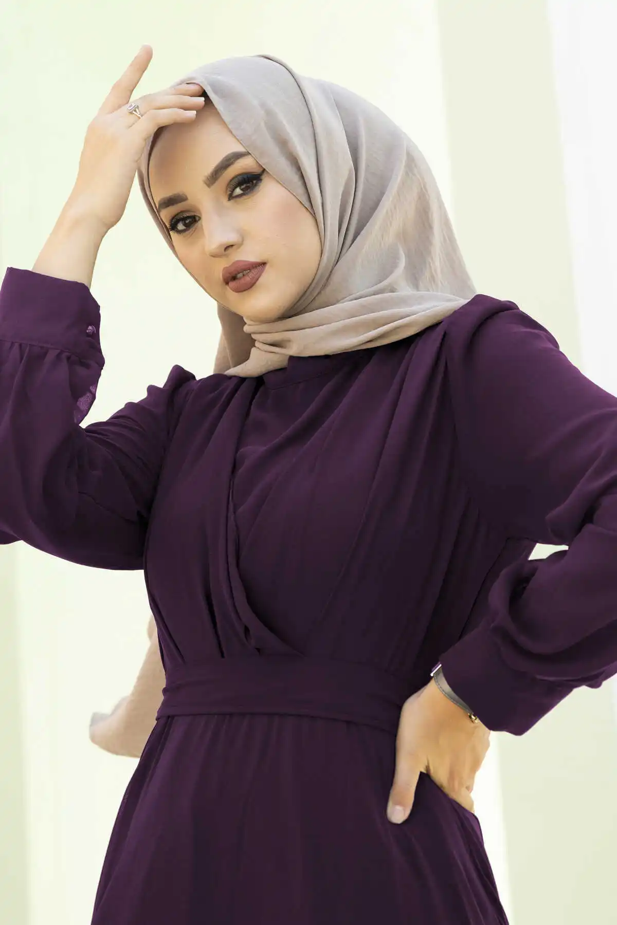 Chiffon Waist Belted Evening Dress Mürdüm Winter Autumn 2021 Muslim Women Hijab headscarf Islamic Turkey