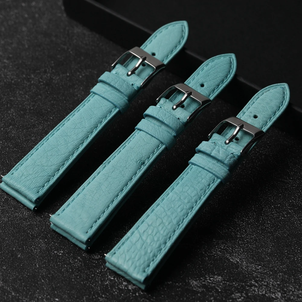 High-End Blue Leather Strap South African Ostrich Leather 20mm 18mm 19mm Ultra-Thin Quick Release Soft Bracelet Glacier Blue.