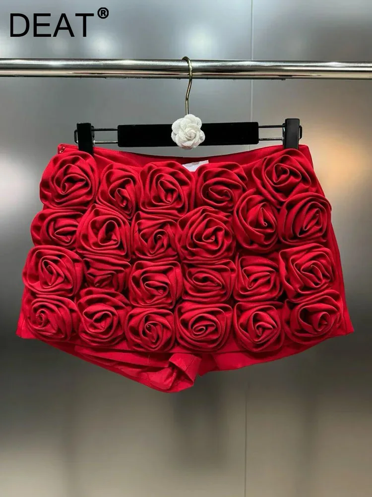 DEAT Women's Skirts 3D Rose Pink Red Black Flowers Slim High Waist Wrap Hip Female Mini Skirts 2024 Autumn New Fashion 11XX8807