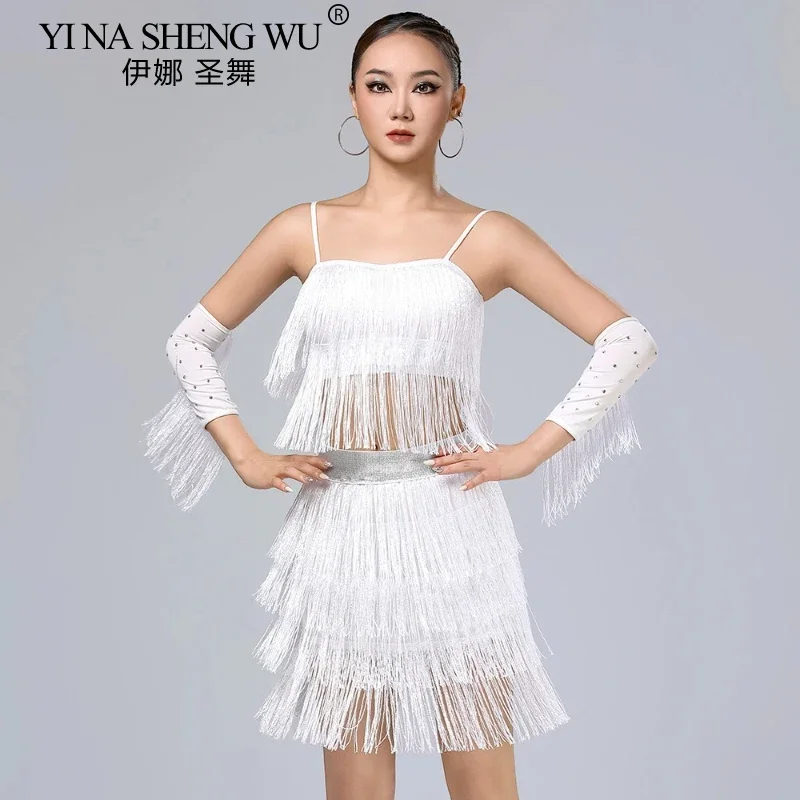 Ladies' Latin Dance Dress Adult Dance Dress Salsa Samba Dance Competition Tassel Dress Sexy Party Set with Sleeved Tassel Skirt