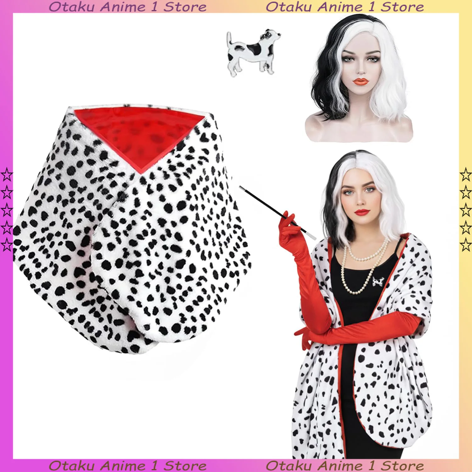 

Women Halloween Deville Coat Costume Dalmatian Shawl Scarf Cosplay Accessories halloween costume 1920s 1950s costume set