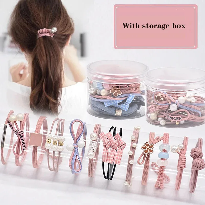 12pcs boxed new pearl hair rope cute wool braided lattice hair female girl high ponytail elastic elastic headdress image 2