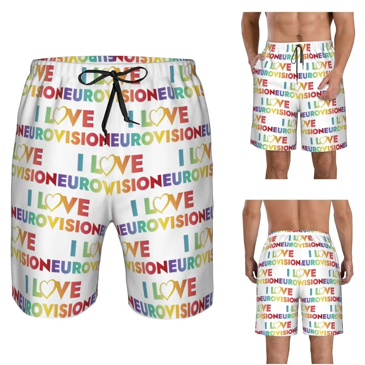 I Love Eurovision - Rainbow Pattern Trunks Beach Board Shorts Casual Quick Dry Swimming Summer Men Pants