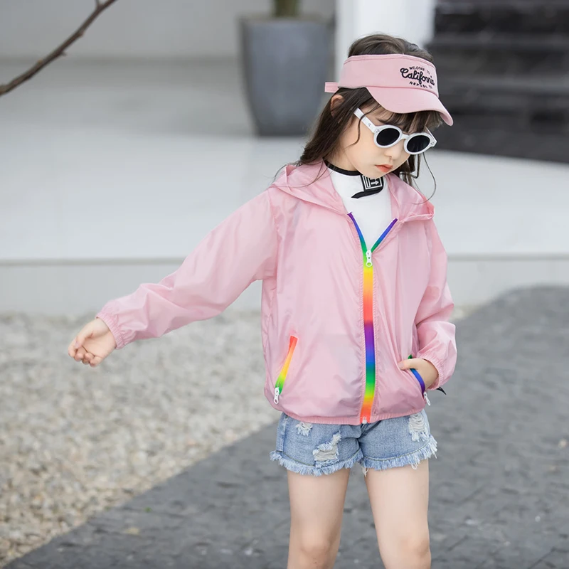 Fashion Rainbow Zipper Hooded Windbreaker Jacket For Girls Summer Sun Protection Coat 4 6 8 10 Years Children Outerwear Clothing