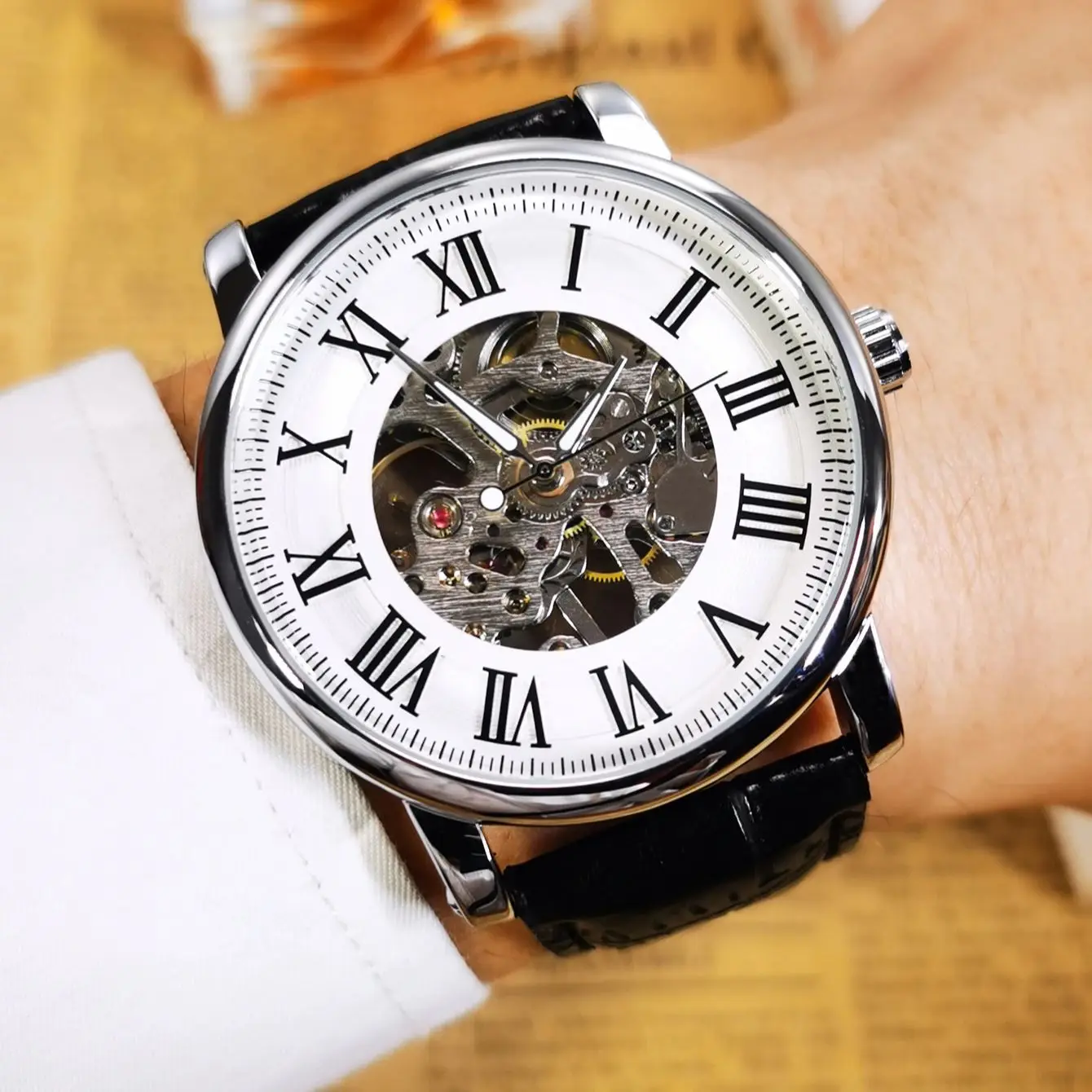 WINNER Business Skeleton Mechanical Watches Top Brand Luxury Mens Watch Casual Leather Belt Luminous Hands Minimalist Wristwatch