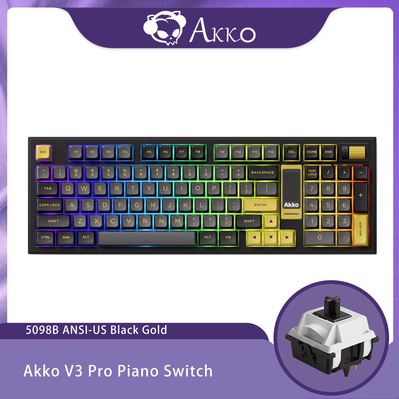 Akko 5098B Zwart goud Draadloos mechanisch gamingtoetsenbord met TFT-scherm Verticale knop 96 toetsen Hot-swappable RGB-verlichte pakking