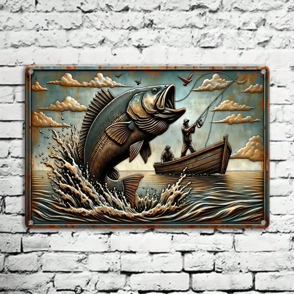 Bobcatch Fishing Metal Sign Wall Decor - Rustic Hanging Plaque With Pre-Drilled Holes, Indoor Outdoor Bar Garage Man Cave Gift