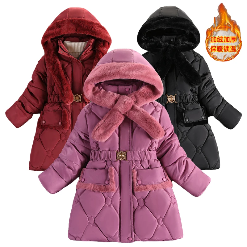 หนาอุ่นOuterwearสาวฤดูหนาวเสื้อแจ็คเก็ตผ้าพันคอหมวกPlush Collar Hooded Coats Parkaสําหรับเด็กเด็กเย็นเสื้อผ้า