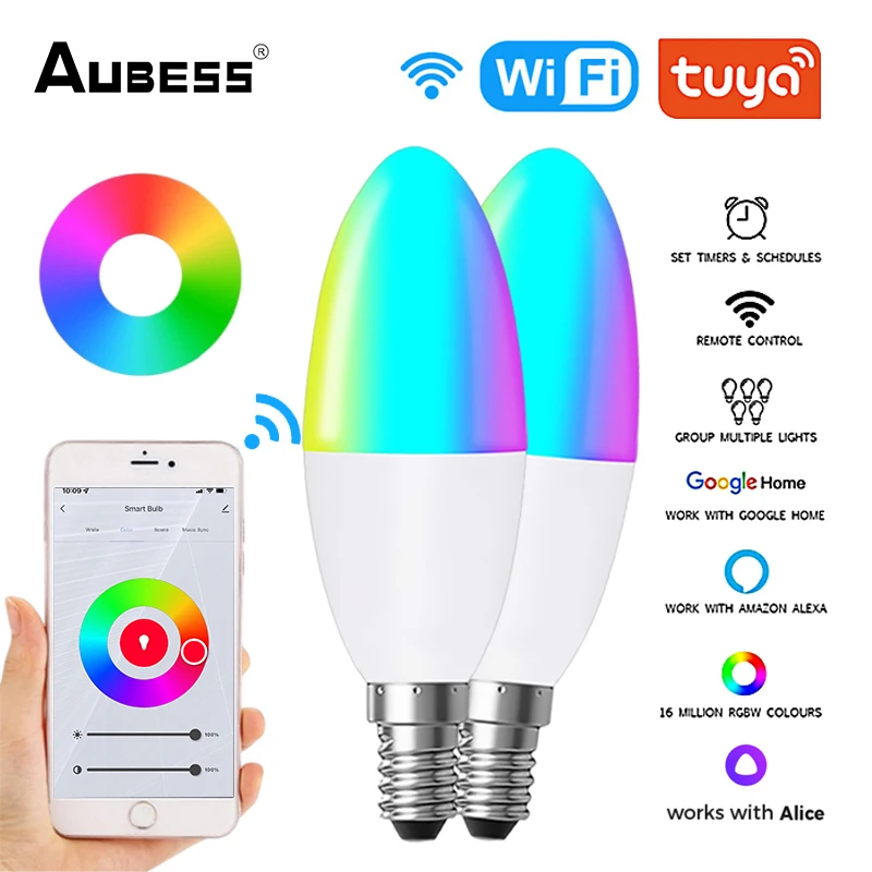 Tuya WiFi Smart Light Bulbs Dimmable RGBCW E14 LED Bulb Candle Lamp Smart Life APP Voice Control Work With Alexa Google Alice