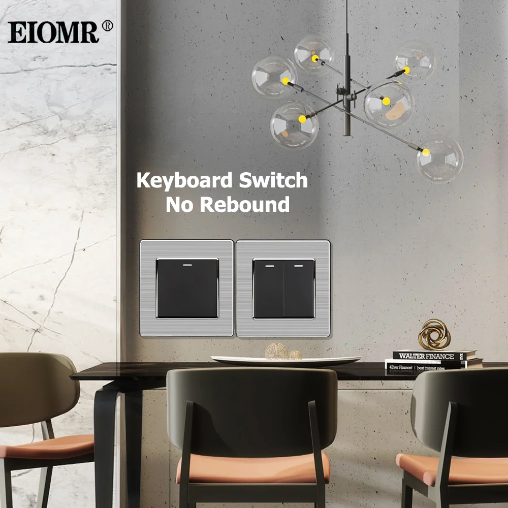 EIOMR UK Wall Light Switch 86mm*86mm Rj45 Ethernet TV Port Wall Socket Black Stainless Steel Panel Safety Flame Retardant Outlet