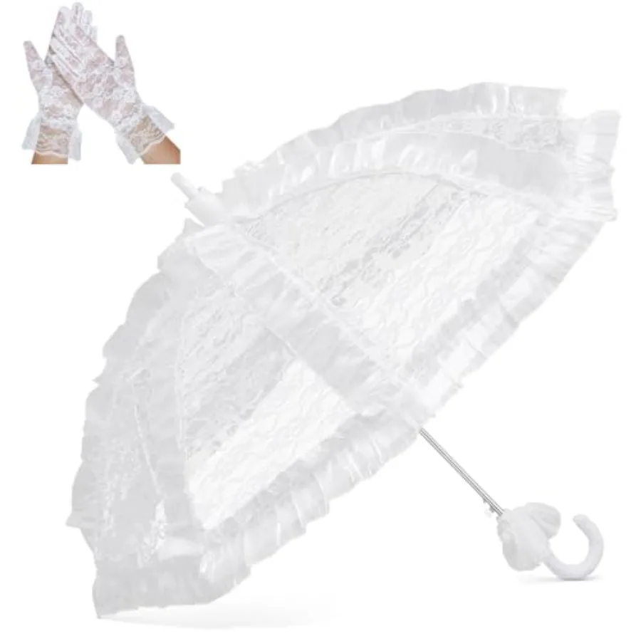 

Lace Parasol Umbrella and Lace Gloves Set Wedding Bridal Umbrella for Decoration Tea Party Costume 31.5 Inch Adult Size
