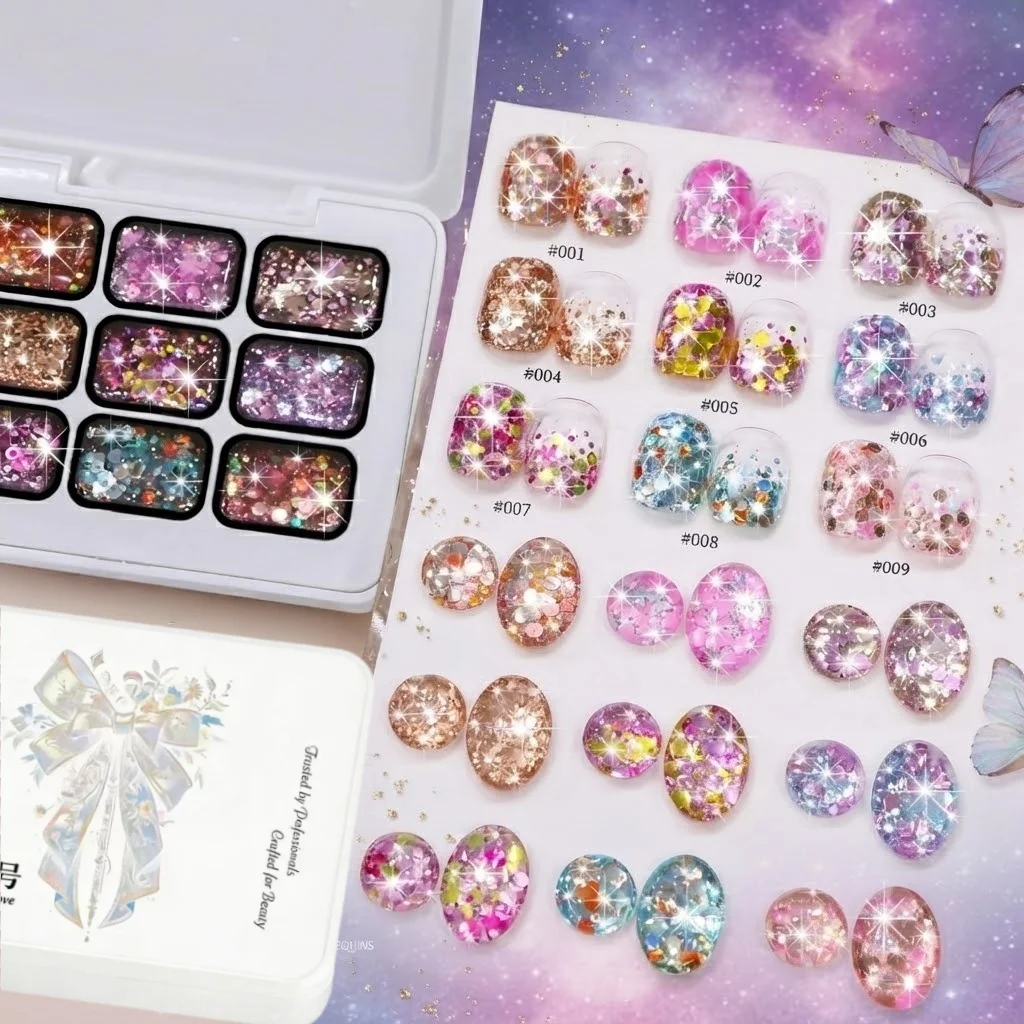 9 Colors Galaxy Glitter Solid Nail Gel Palette Sequins Flake Patting Gel Shimmer Pigment For Sparkly Mermaid Nail Art Salon DIY