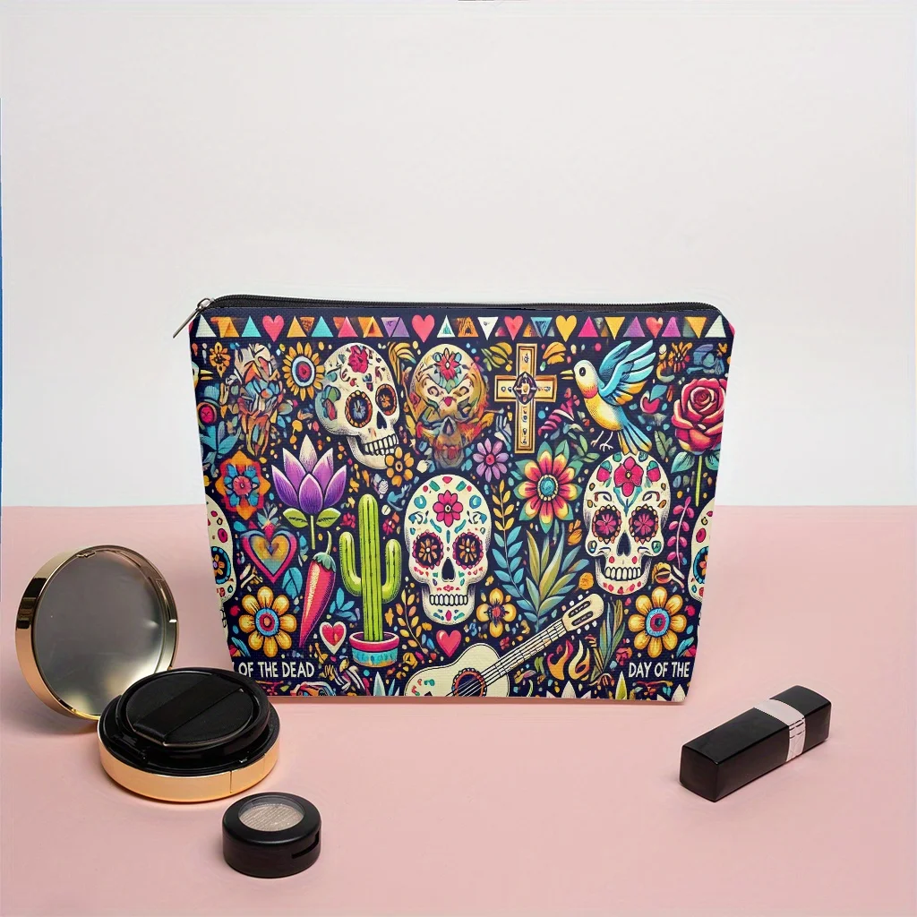 1pc Sugar Skull Makeup Bag  Mexican Day of The Dead Artwork with Cacti Marigolds & Sombreros Vibrant MulticolorCosmetic Pouch
