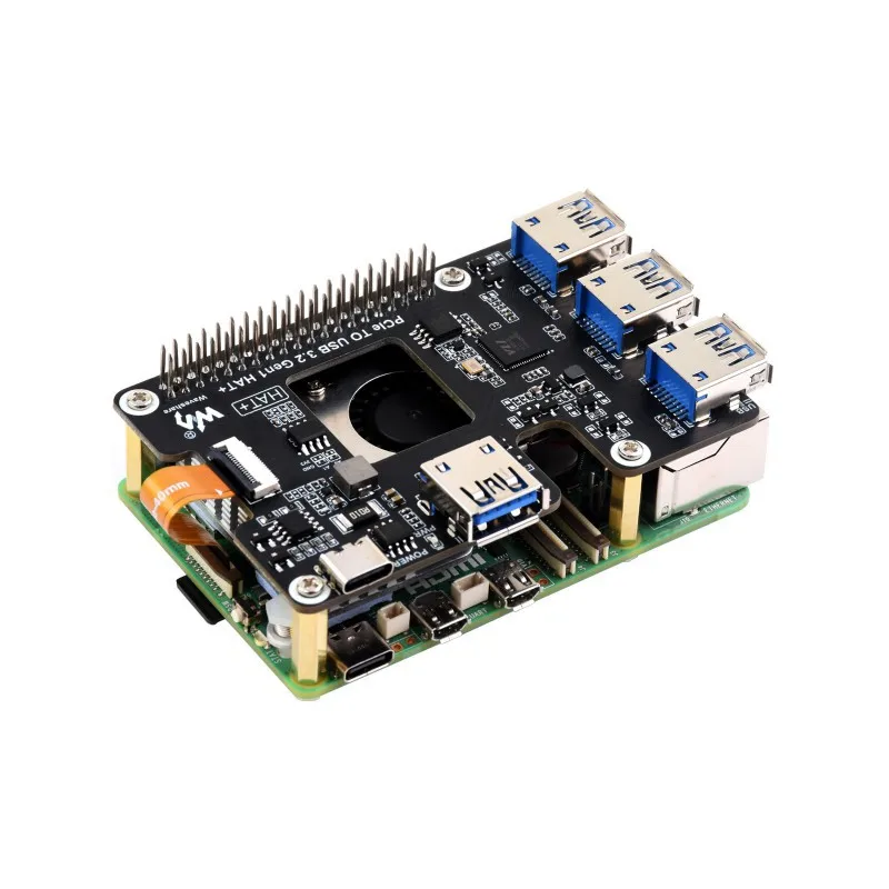 Raspberry Pi 5 PCIe to USB 3.2 Gen1 Expansion HAT+ - Plug & Play 4-Port High-Speed USB Hub