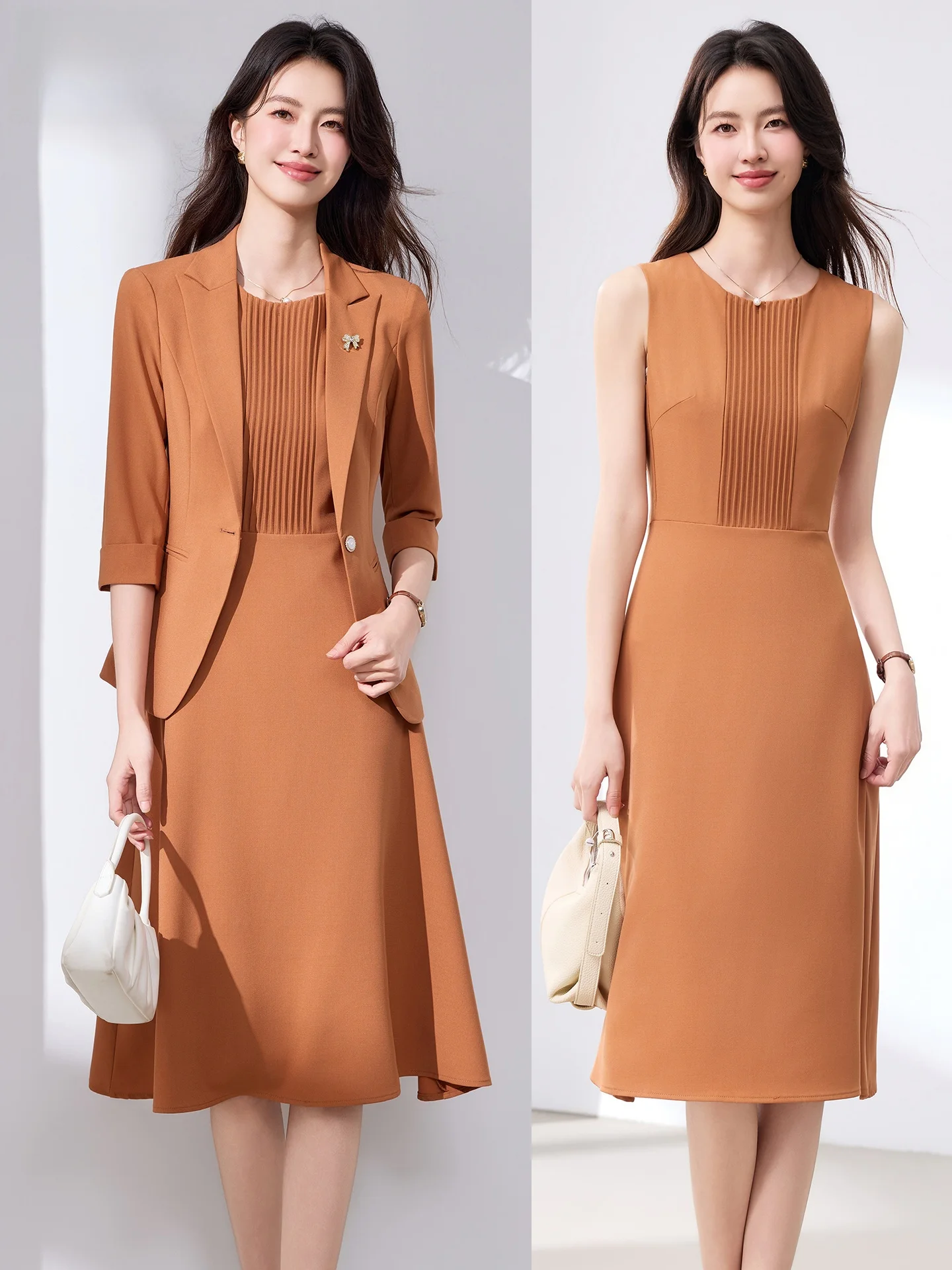 

Женский деловой костюм с поясом на талии и рукавами три четверти, на одной пуговице, из полиуретановой смеси