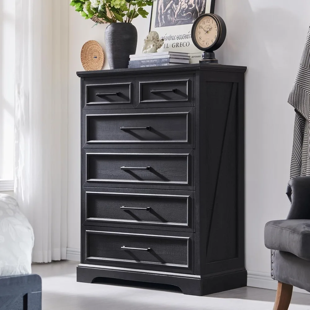 

6 Drawer Dresser, Farmhouse Chest of Drawers for Bedroom, 44" Tall Kids Dresser with Large Metal Handles, Wood Drawer Organizer