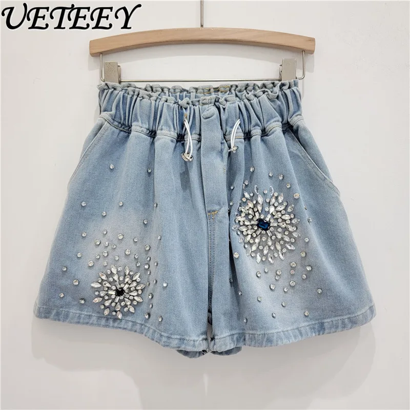 

European Station Summer New Heavy Industry Fireworks Diamond High Waist Short Jeans Slimming Wide-Leg Denim Shorts Women's Pants