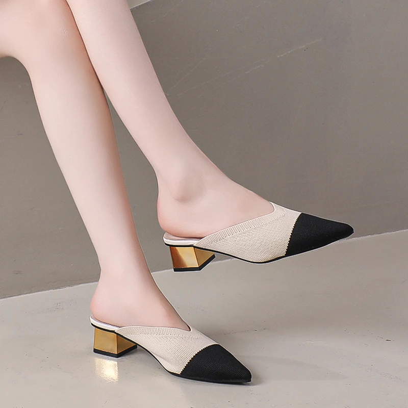 2025Summer Women's Knitted Slider Mule New Elegant Mesh Breathable Shoe Slipper Closed Toe Slider Shoes Splice Solid Color