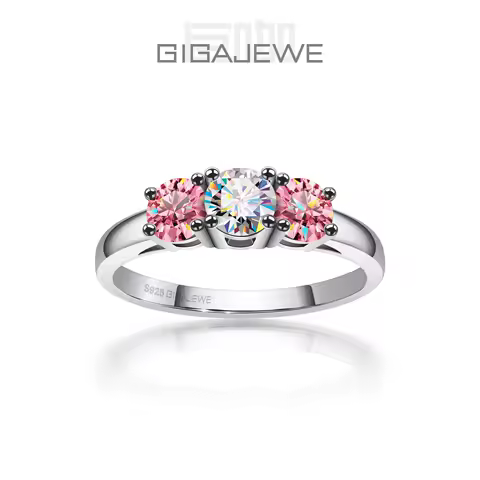 GIGAJEWE Total 1.0ct 4.5mm+2X4.0mm Round Cut D VVS1 Moissanite 925 Silver Ring Diamond Test Passed Girlfriend Women Gift