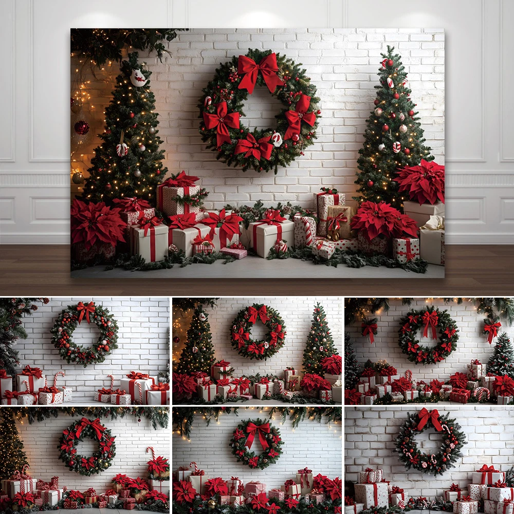 Rode Krans Kerstdecoratie Achtergrond Witte Muur Kerstboom Boog Cadeau Kinderen Portret Fotografie Achtergrond Photo Booth Props