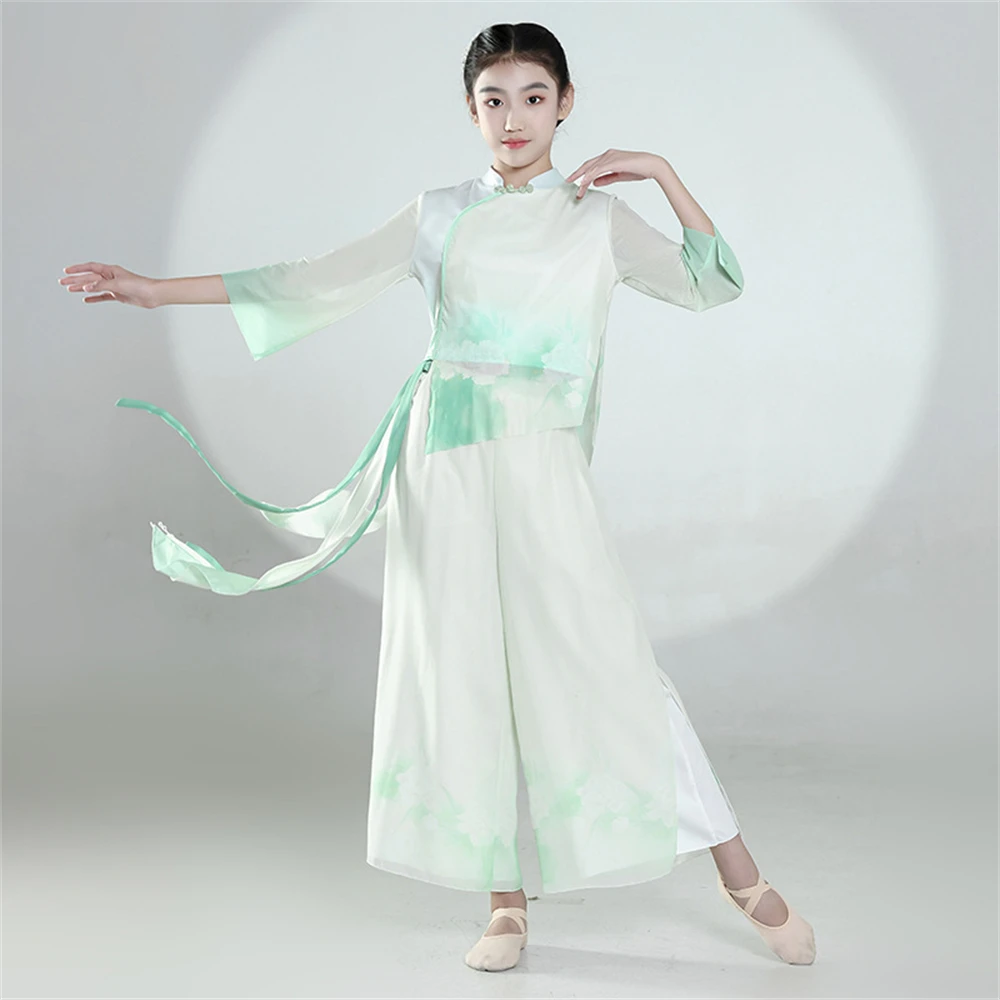 

Children's Classical Chinese Folk Fan Dance Practice Clothes Girl Elegant Cheongsam Gauze Uniform Suit Stage Performance Costume