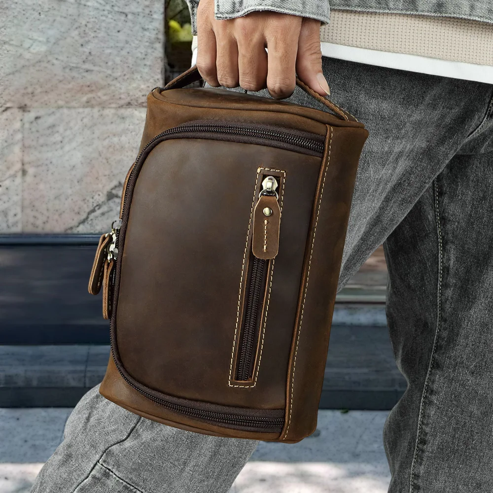 Luxury Top-Grain Leather Men's Handbag Vintage Retro Zippered Toiletry Organizer Pouch - Multi-Functional European Style Handhel