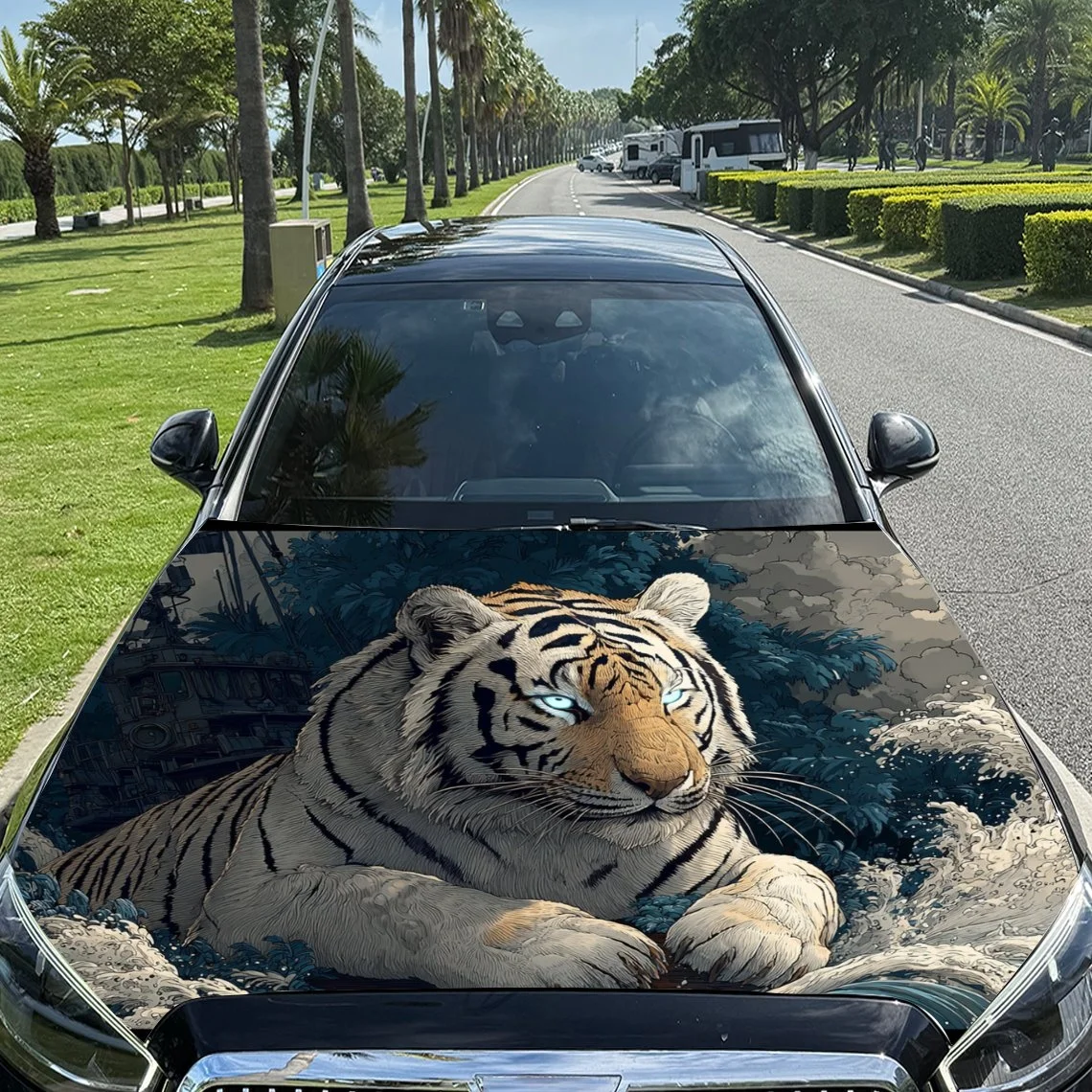 Vivid tiger artwork on car hood, blending nature and urban elements. Eye-catching design for a bold statement. Perfect for uniqu