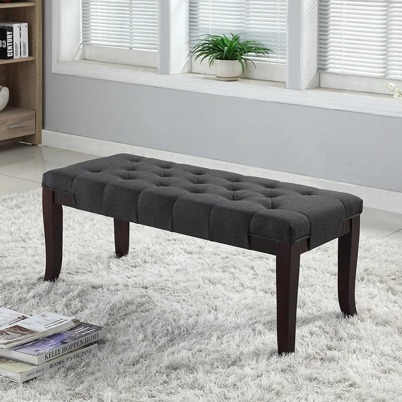 

RV General Style Wood Framed Linon Tufted Bench Fabric Faux Leather Seat Brown Finish Dining Room Furniture, Gray On-Site"