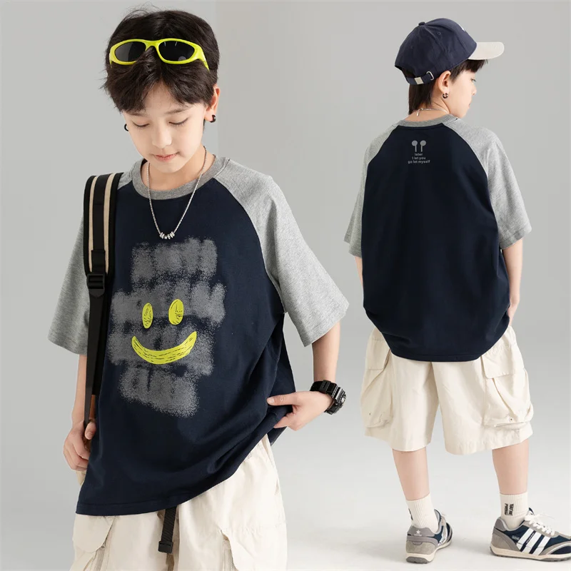 Summer Kids T-shirt For Boys Tops Clothes Fashion Korea Patchwork Cartoon Cotton Printing Tees 7 8 9 10 11 12 13 14 15 Years Old