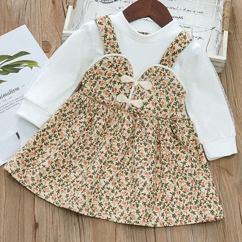 Chinese Style Kid Girl Dress Flower Print Strap Princess Dress Baby Girl Clothes Long Sleeve Autumn Wedding Party Costume A1324