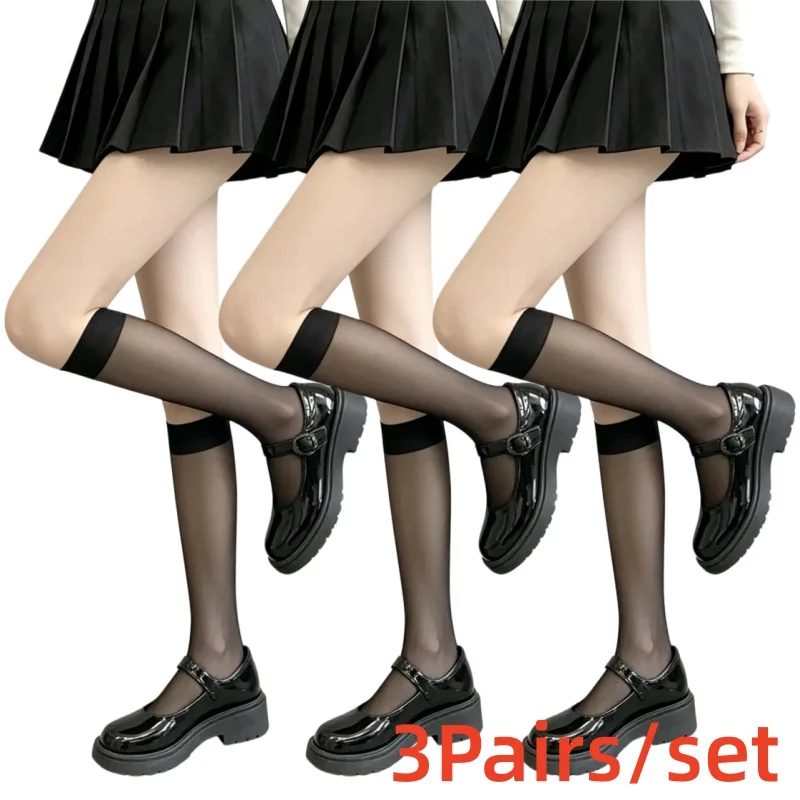 3Pairs SET girl Summer Sheer Knee High Socks Women Sexy Ultra Transparent Glass Stockings Summer Breathable Non-Slip Calf Socks
