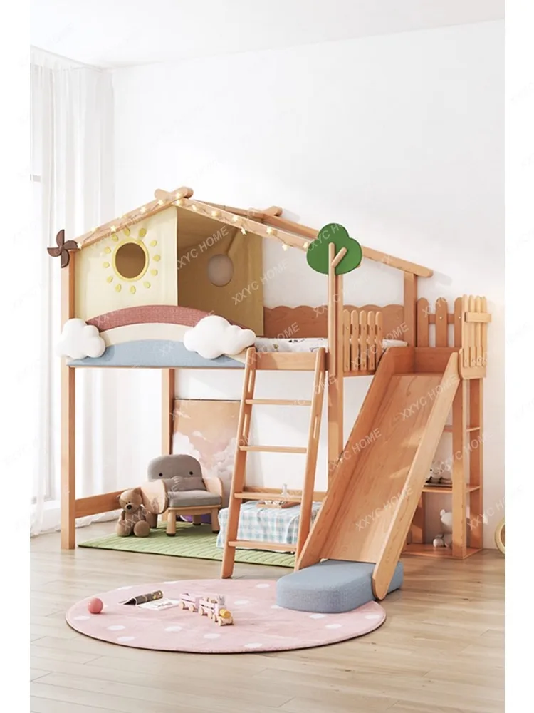 Upper and Lower Bunk Sliding Ladder Bed Tree House  Children's Room Double-Layer Solid Wood Sister and Brother Bed S-Type