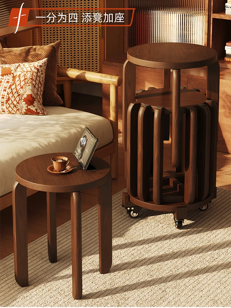 Combination of 4-in-1 Stool,Solid Wood Furniture,Home,Stackable,Round Stools,360 Degrees Rotating Living Room Coffee Table Chair