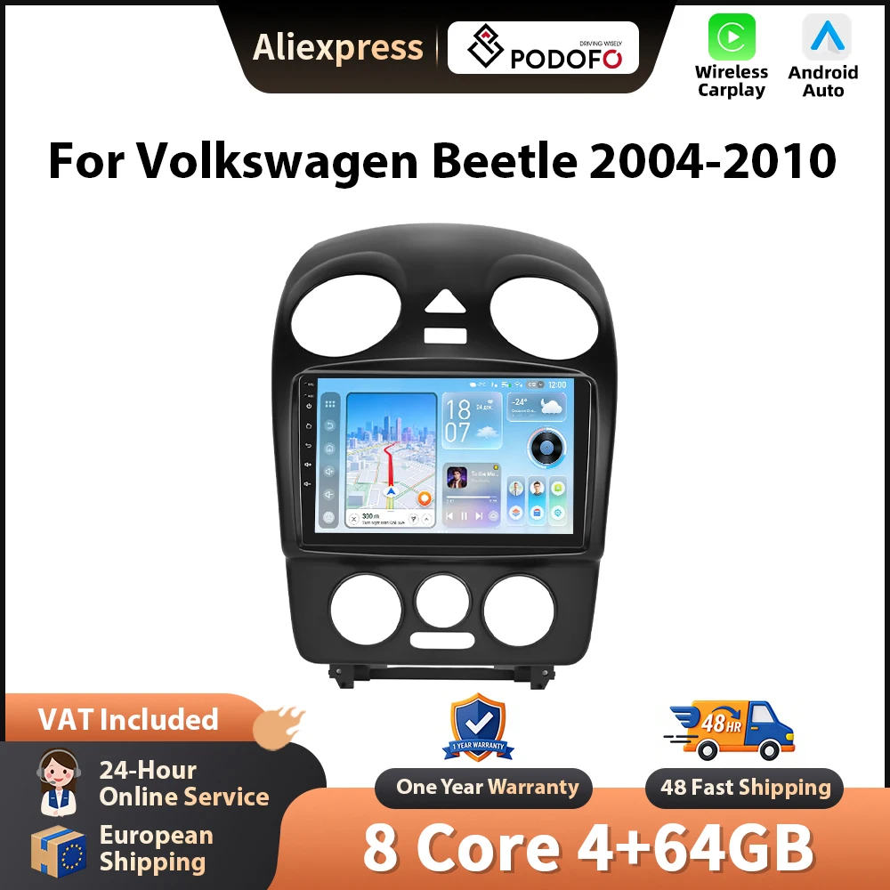 Podofo 9'' Autoradio für Volkswagen Beetle 2004-2010 Android CarPlay GPS-Navigation Head Unit WIFI FM/RDS Autoradio EQ BT