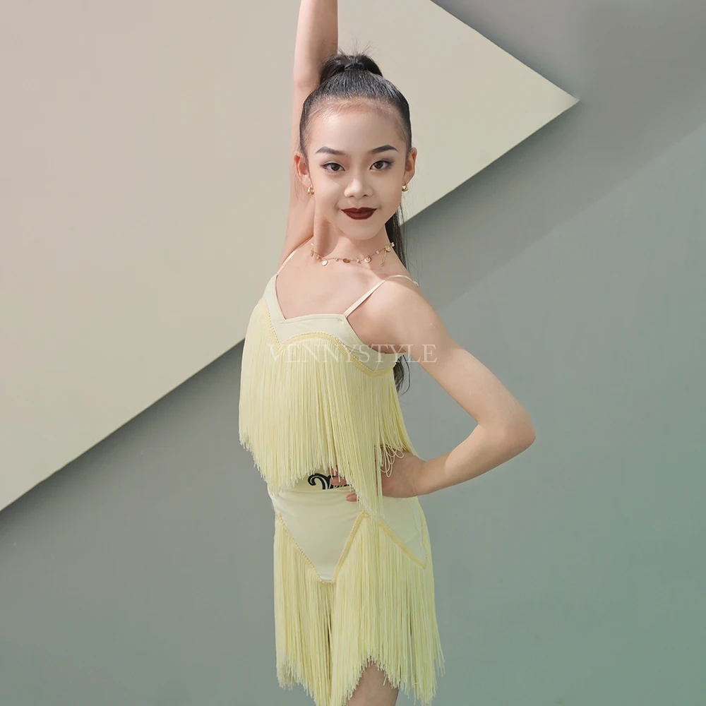 Vennystyle الفتيات اللاتينية ملابس رقص الأصفر هامش الأداء المهني الزي الربيع الصيف تصميم جديد الاطفال ممارسة ارتداء