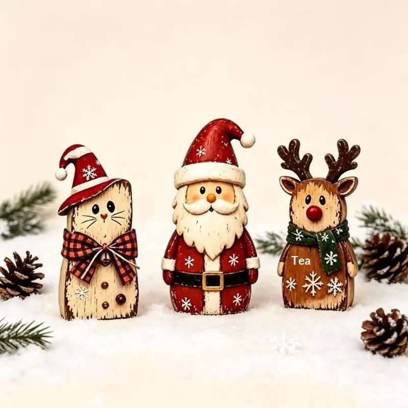 1/3Pcs Christmas Handcarved Wooden Figurines Santa Reindeer Cat Tabletop Statue Set for Xmas Shelf Desktop Decor