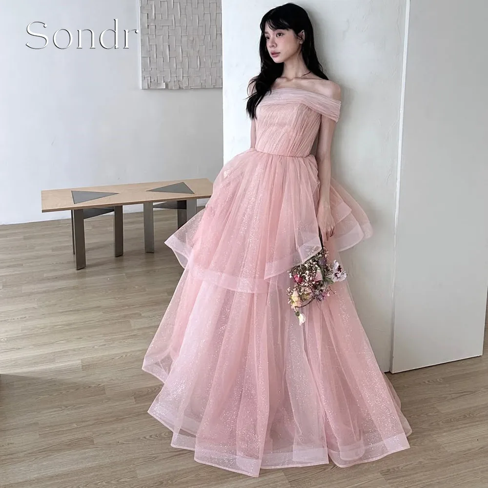 

Sondr Customized Pink Korean Evening Gown Wedding Snap Dresses One Shoulder A-Line Tulle Bridal Party Gown Corset Back 2026 New