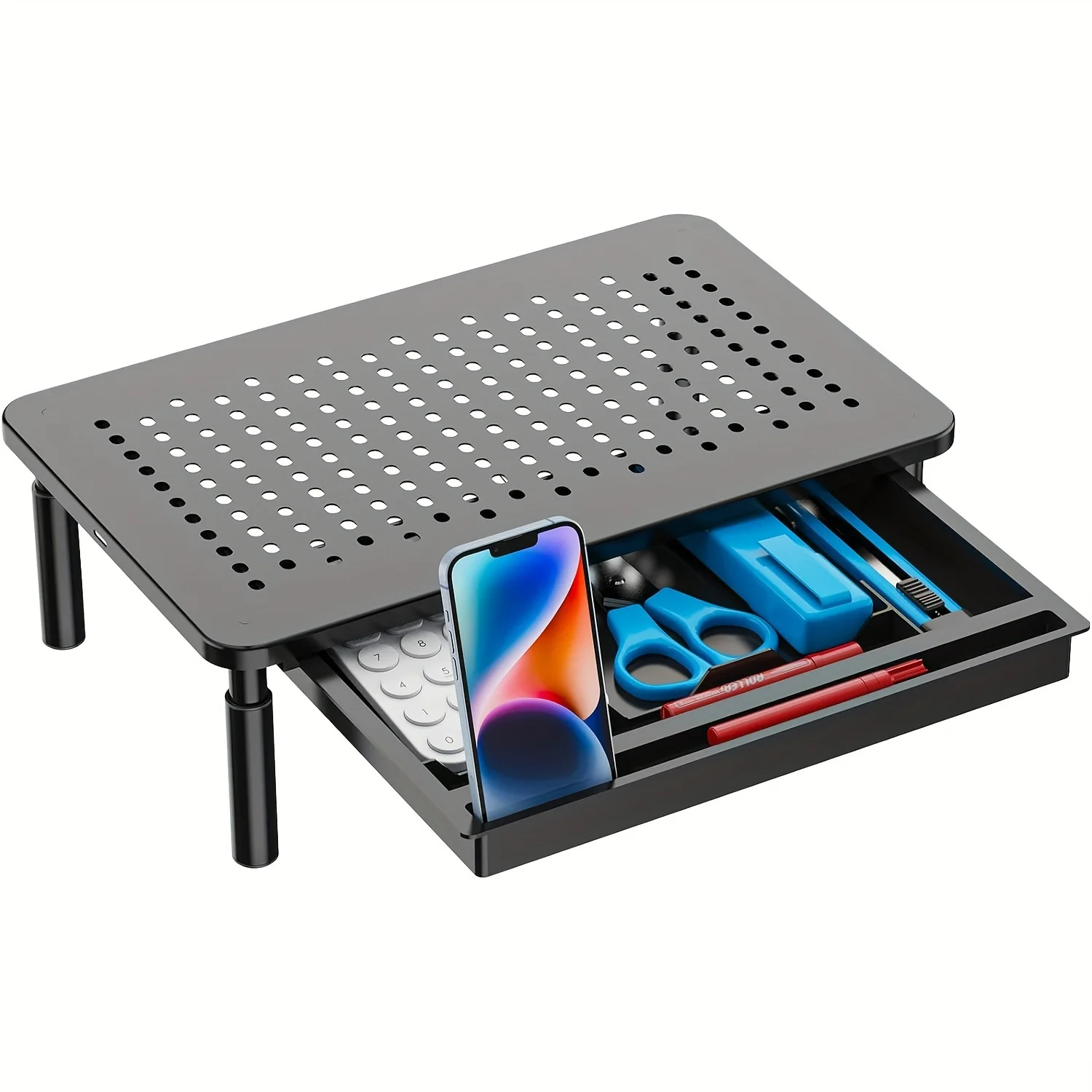 Soporte para Monitor con Almacenamiento, Elevador de Monitor con Cajón, Soporte para Laptop con Cajón para Escritorio, Altura Ajustable, Negro