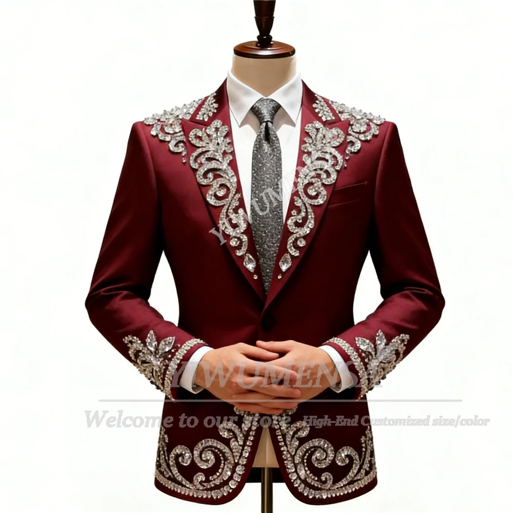

Роскошные мужские костюмы с камнями из бисера, приталенный однобортный пиджак, брюки, комплект из 2 предметов, свадебные смокинги для жениха, индивидуальный банкетный наряд