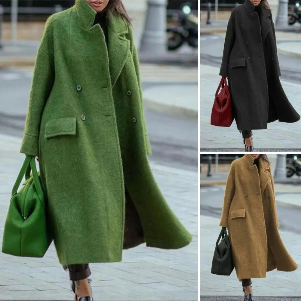 Women Overcoat Solid Color Thickened Double Breasted Outwear Autumn Winter Turndown Collar Long Trench Coat Streetwear