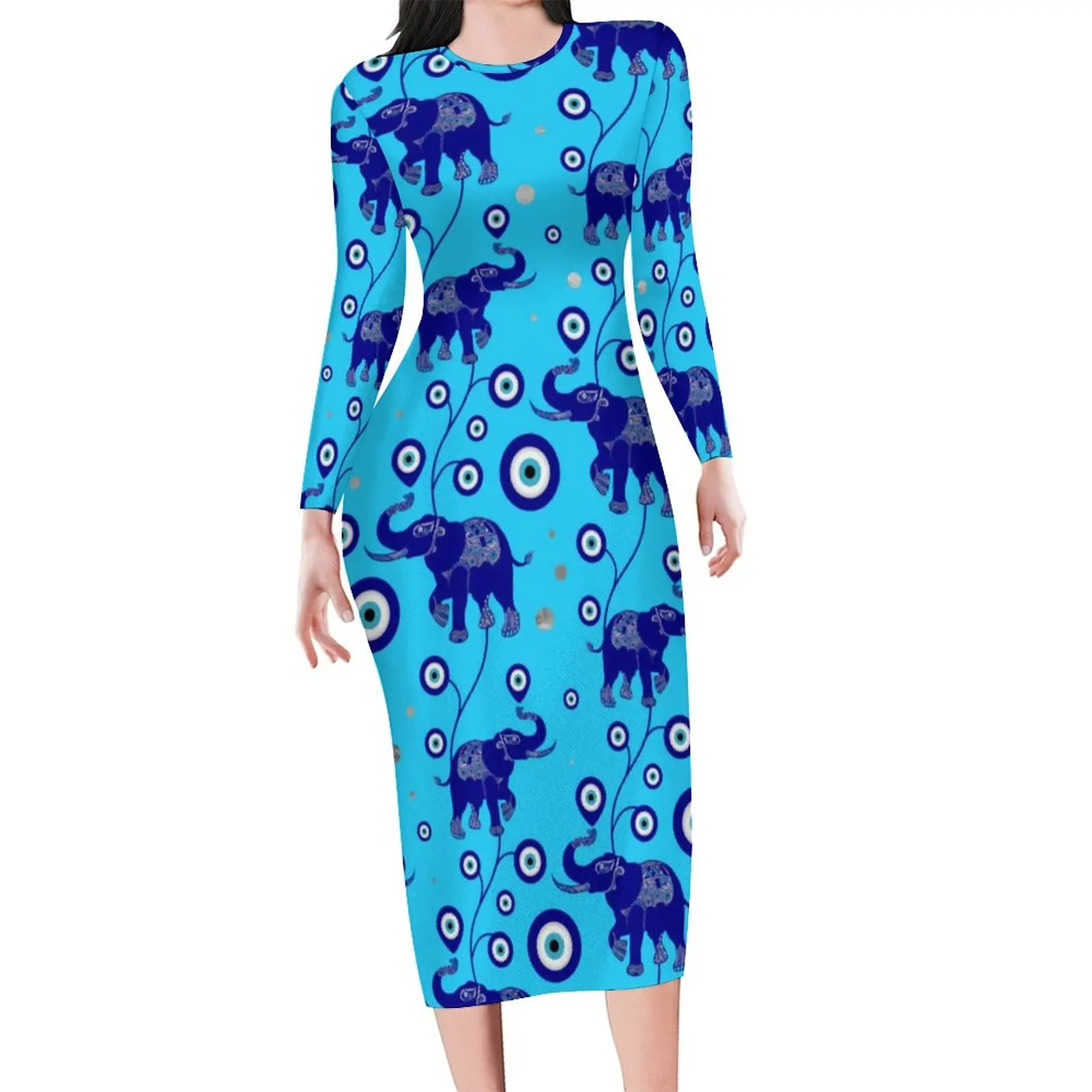 

Elephant Evil Eye Bodycon Dress Summer Blue Amulet Print Pretty Dresses Womens Long Sleeve Design Street Fashion Dress