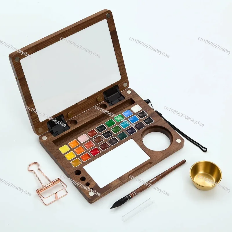 

27 Colors Artist Travel Watercolor Paint Kit American Black Walnut Wood Portable Box with Brushes
