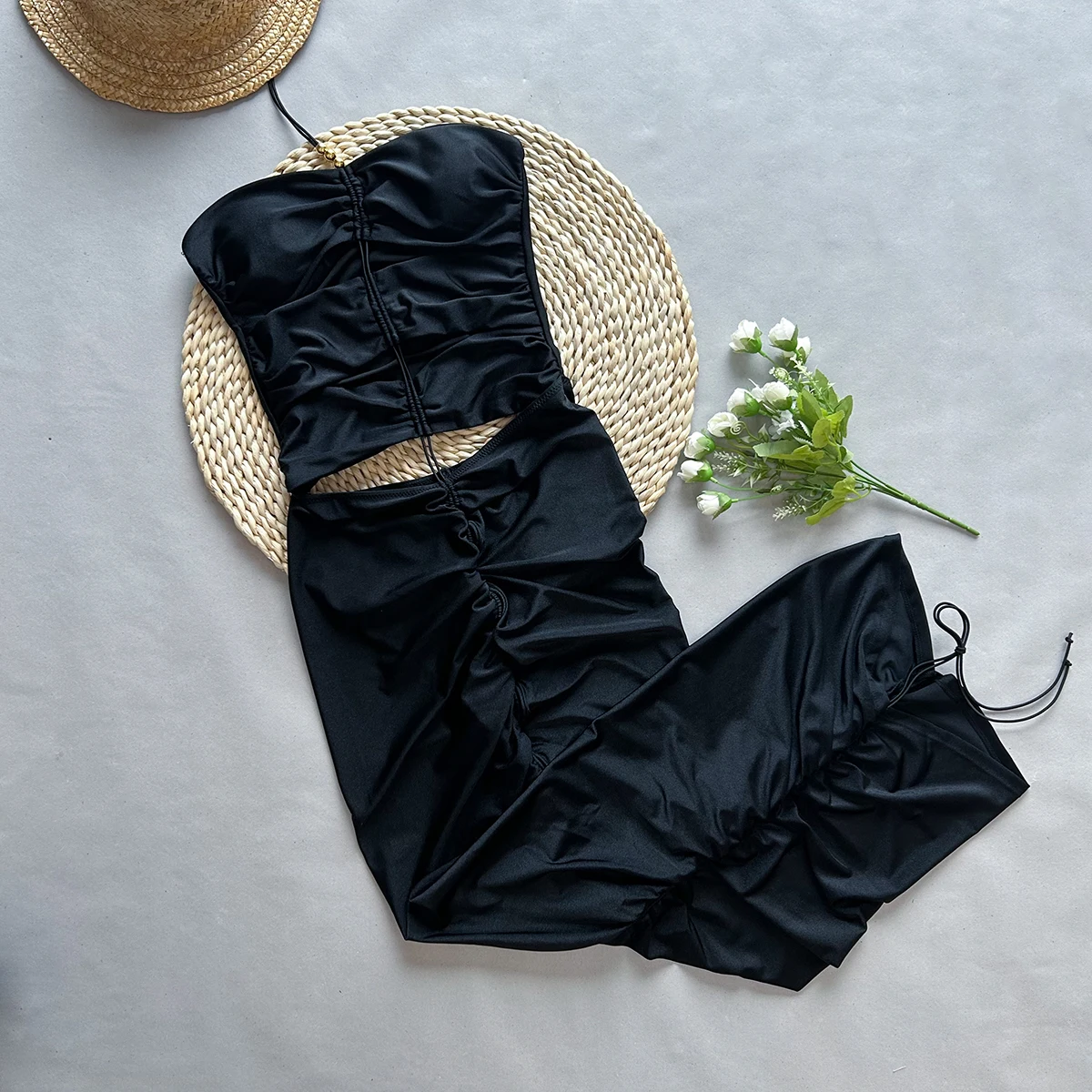 Sexy Maxi Dress Bikini Set Women One Piece Swimsuit Female Swimwear 2024 Bathing Suit Beachwear Summer Ruffle Black Biquini