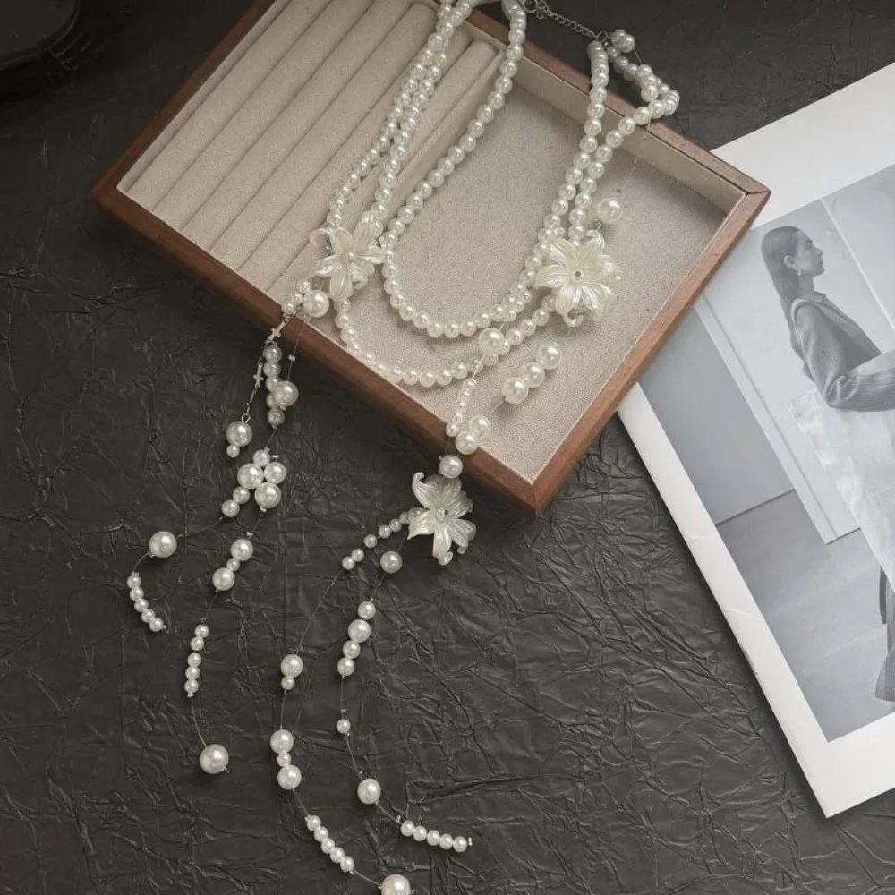 Multi Layer Lilium Flower Pearl Necklace Faux Pearl Matte White Multilayer Choker Chain Balletcore Style Elegant Gloss