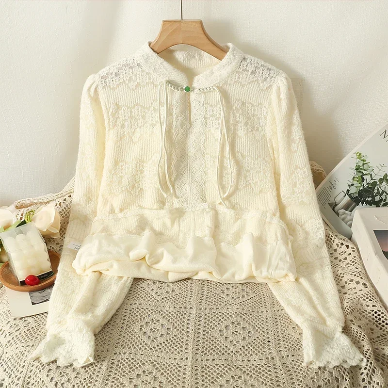 Vintage Thicken Slim White Lace Shirt Women Long Sleeve Elegant Blouse Casual Hook Flower Hollow Office Ladies Tops Blusas 30136