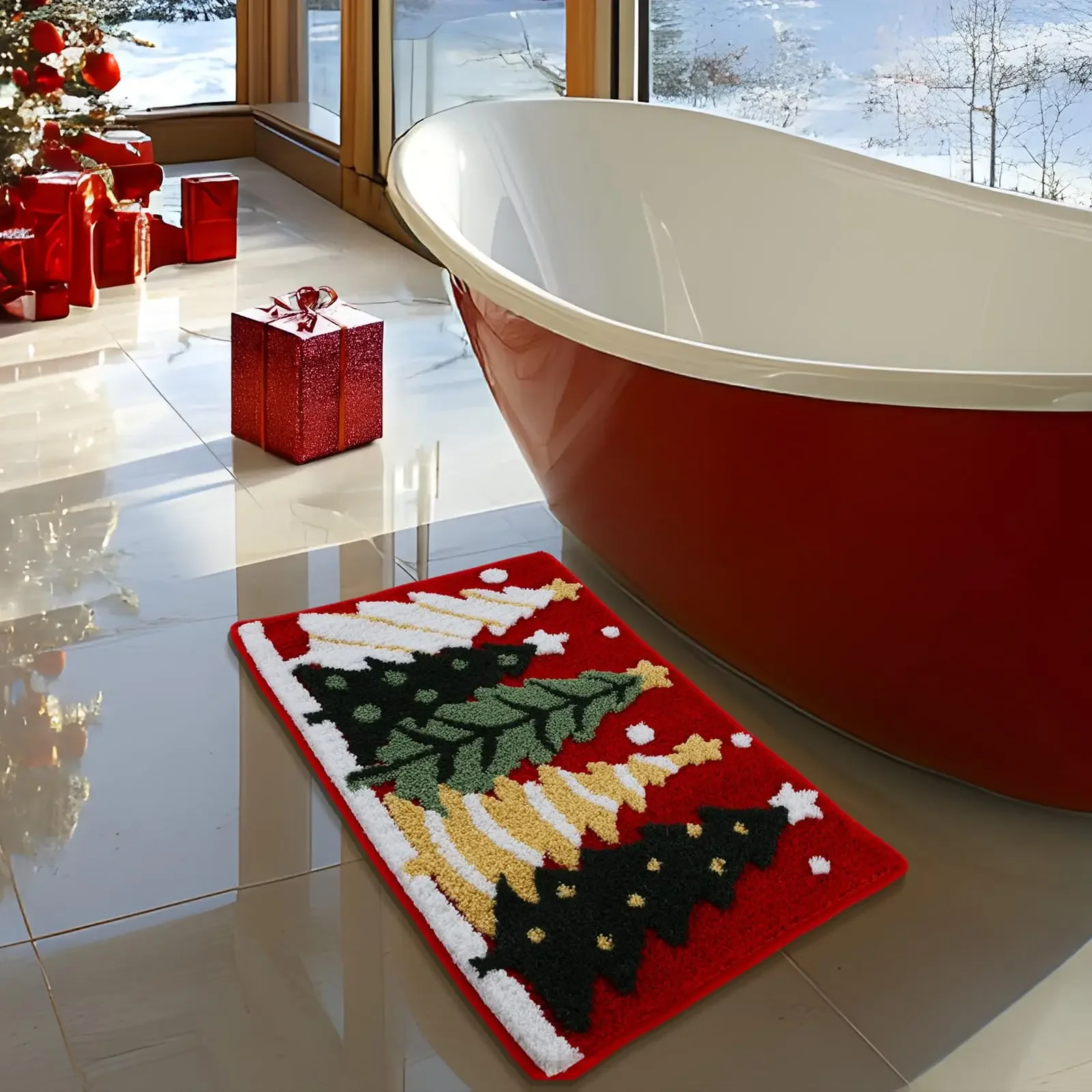 VIKAMA Christmas Tree Bathroom Rugs Winter Soft and Absorbent Xmas Snowflake Bath Mat Non Slip Washable Doormat Home Decoration