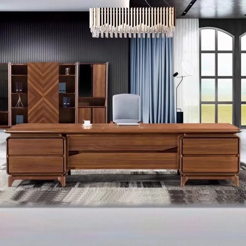 

Temperament boss table president table walnut solid wood desk office furniture new Chinese office desk and chair combination