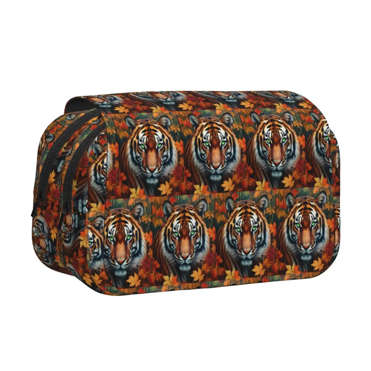 Tiger Face Autumn Foliage Pattern Pencil Case Pen Holder Hard Shell Leather Big Capacity Pen Box Pencil Bag for Kids Gifts